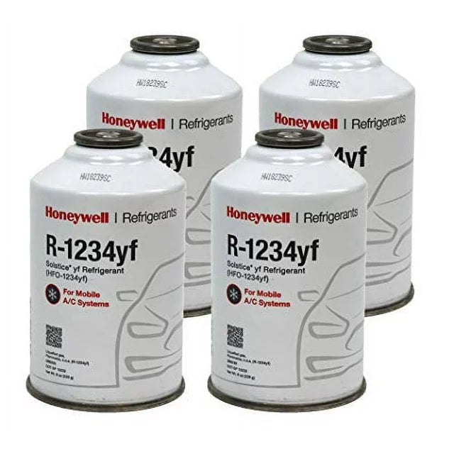 Honeywell-R1234YF-AC-Refrigerant-for-Mobile-Systems-Solstice-HFO-1234YF-4-8oz-Cans.jpg Honeywell R-1234yf Refrigerant – 4 Cans (8oz Each) with HD Brass Can Tap – Made in USA - Image 1