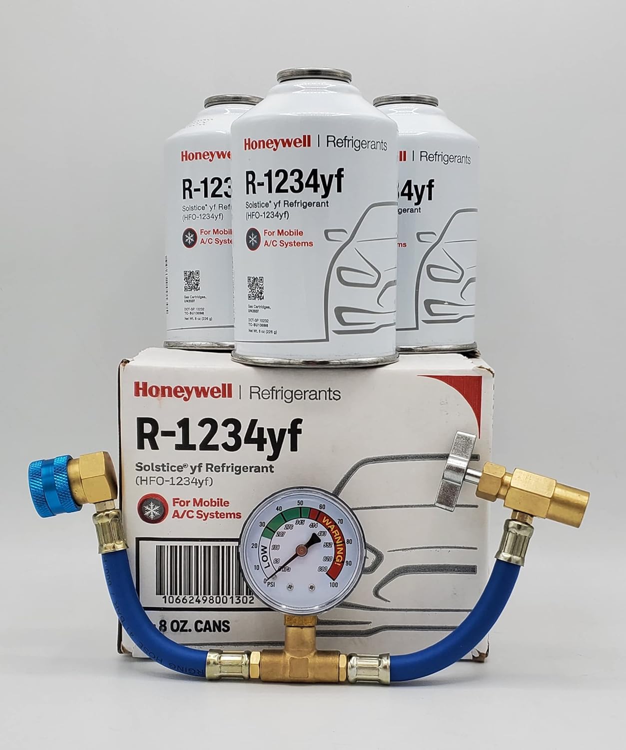 Honeywell_R-1234yf_Refrigerant_3_Cans_8_oz_Each_with_Free_A_C_Recharge_Gauge.jpg Honeywell R-1234yf Refrigerant – 3 Cans (8oz Each) with HD Brass Can Tap – Made in USA - Image 1