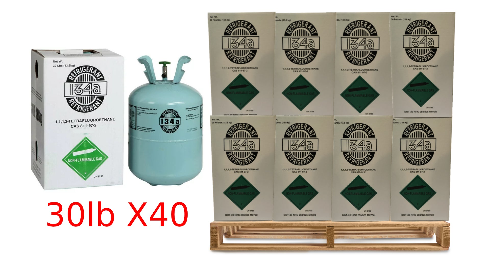 R-134a_Refrigerant_30_lb_Cylinders_40-Pack_Full_Pallet_Virgin_Factory_Sealed.jpg Full Pallet – 40 × 30lb R-134a Refrigerant, Automotive/HVAC Use – Made in USA - Image 1